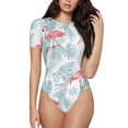 thumbnail image 2 of Uemuo Tropical Flamingo Pattern Women's One Piece Short Sleeve Swimsuit Rash Guard Surfing Modest Quick-drying Swimsuit Beach Essentials-X-Large, 2 of 9