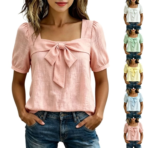 Women's Square Neck Bow Blouse - Puff Sleeve Casual Top with Tie Front Detail, Lightweight Summer Shirt for Date & Daily Wear Light Green L