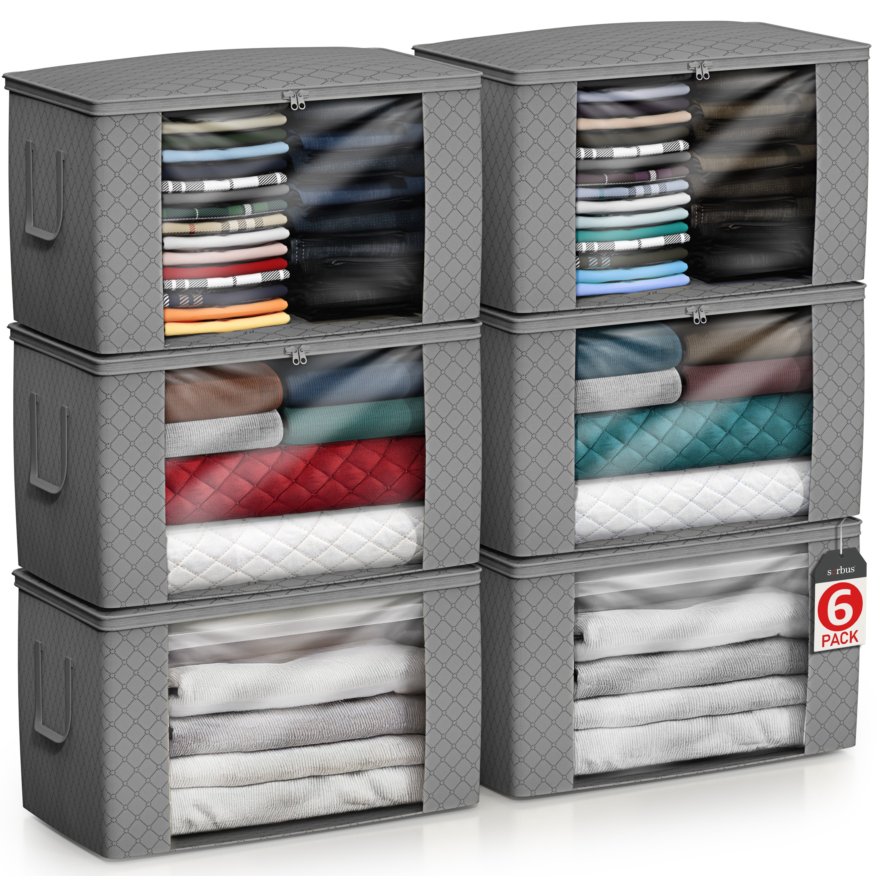 Sorbus Foldable Storage Bag Organizers with Clear Window & Handles, Gray, 6 Pack
