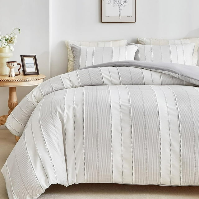 Striped Duvet Cover Lightgrey King, Lightgrey with White Striped Weave Pattern Bedding, Microfiber Soft Textured Duvet Cover Set with Zipper Closure and Corner Ties (Lightgrey, King)