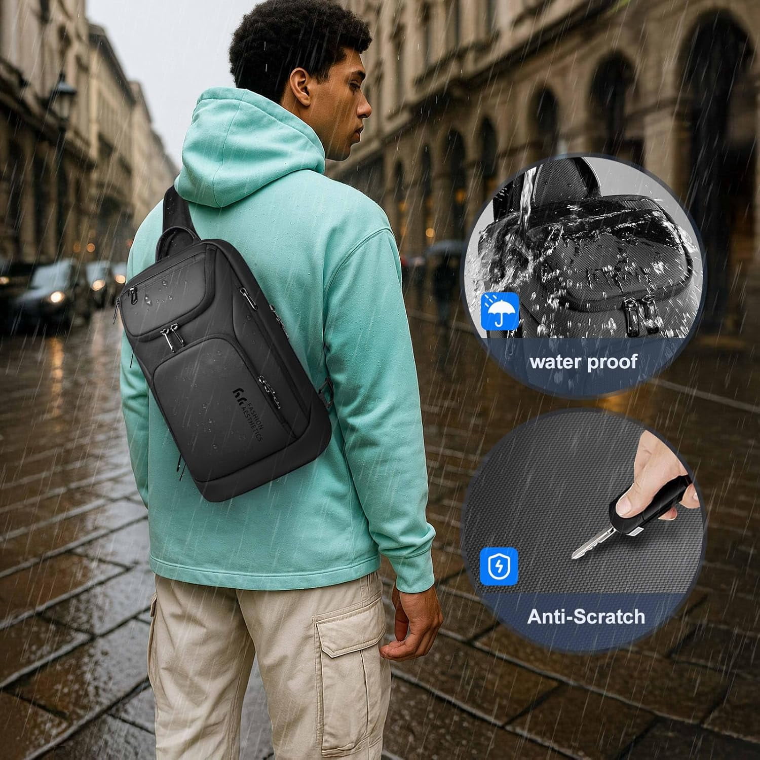 HEROIC KNIGHT Sling Bag for Men Crossbody Backpack for Travel Work College Waterproof Black