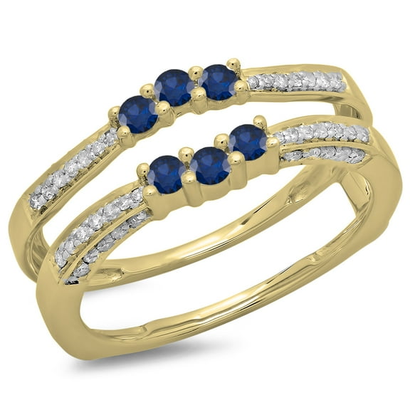 0.50 Carat (ctw) 10K Yellow Gold Round Cut Blue Sapphire & White Diamond Ladies Anniversary Wedding Band Enhancer Guard