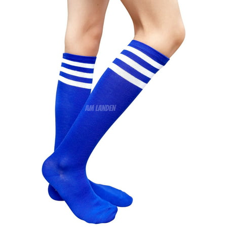 AM Landen Womens Stripe Knee High Socks Stripe Socks Cheerleader Socks Uniform Socks (A. Blue/White Stripe)