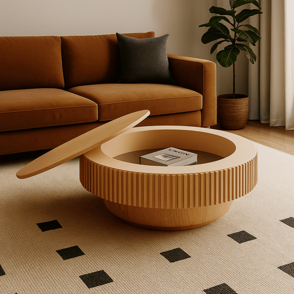 39.37'' Round Coffee Table with Storage Solid Wood Veneered Modern Coffee Table Accent Tea Table for Living Room, Bedroom, Apartment or Office, Natural Wood