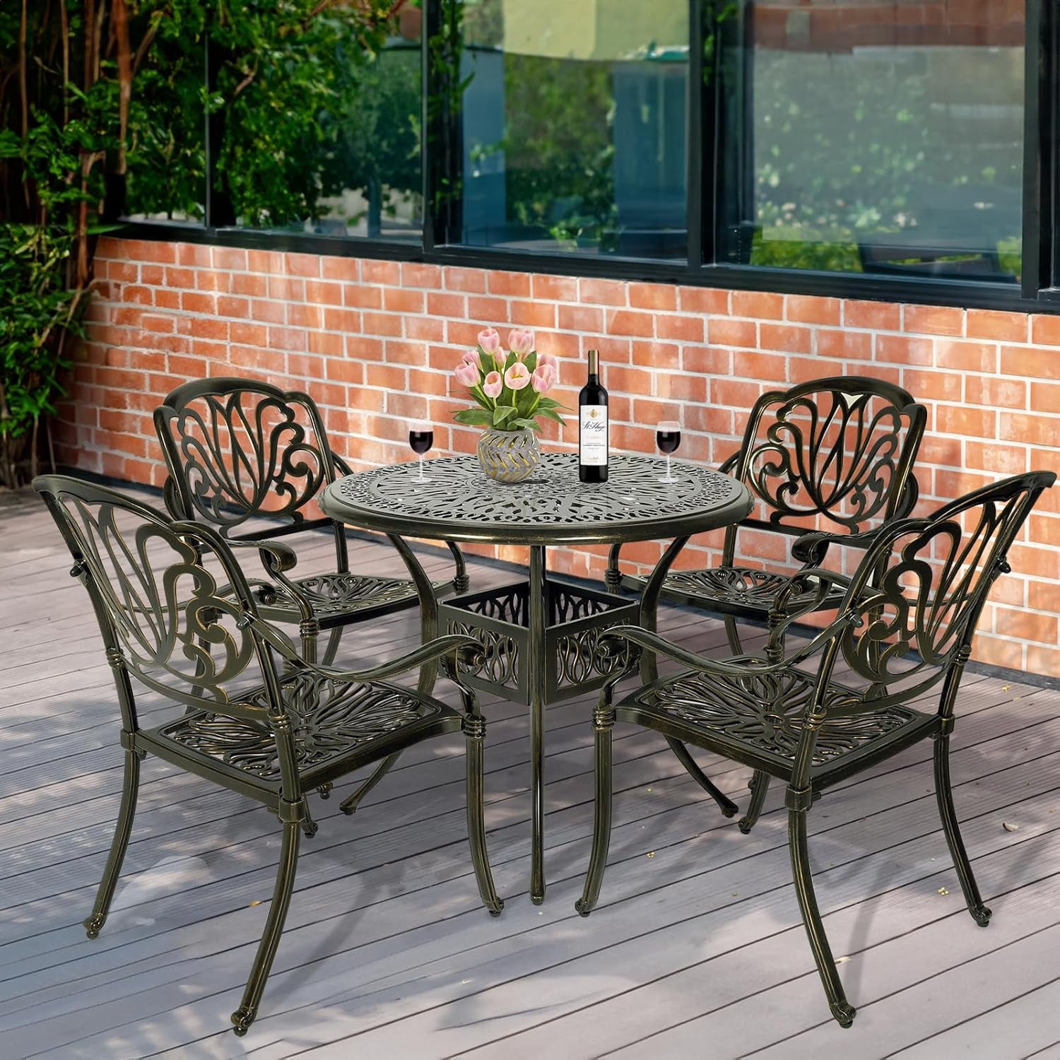 MEETWARM 5 Piece Patio Dining Set, Outdoor All-Weather Cast Aluminum Dining Table Set, Patio Furniture Set for Backyard Garden Deck, Include 4 Chairs and 1 Round Table with Umbrella Hole