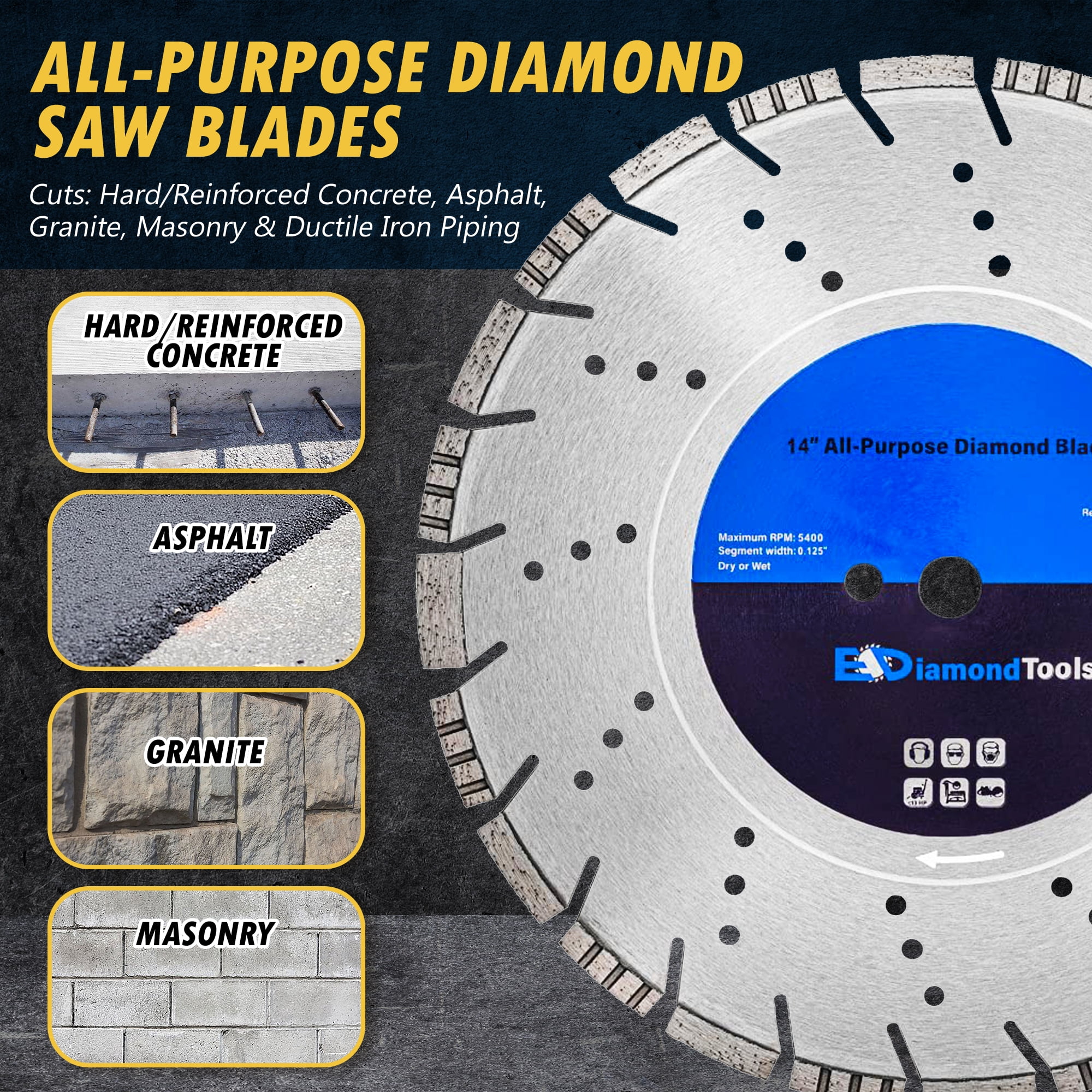 EDiamondTools 14" All Purpose Diamond Saw Blades for Reinforced Concrete, Asphalt, Granite