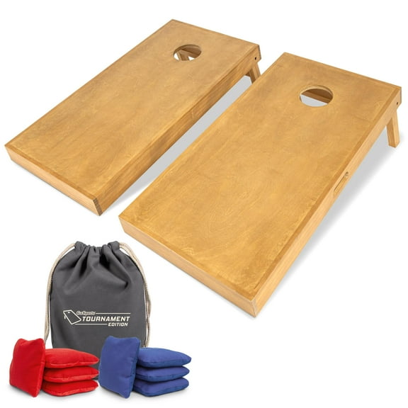 GoSports 4 ft x 2 ft Commercial Grade Cornhole Boards Set - Includes 8 Regulation Tournament Style Bean Bags - Light Brown