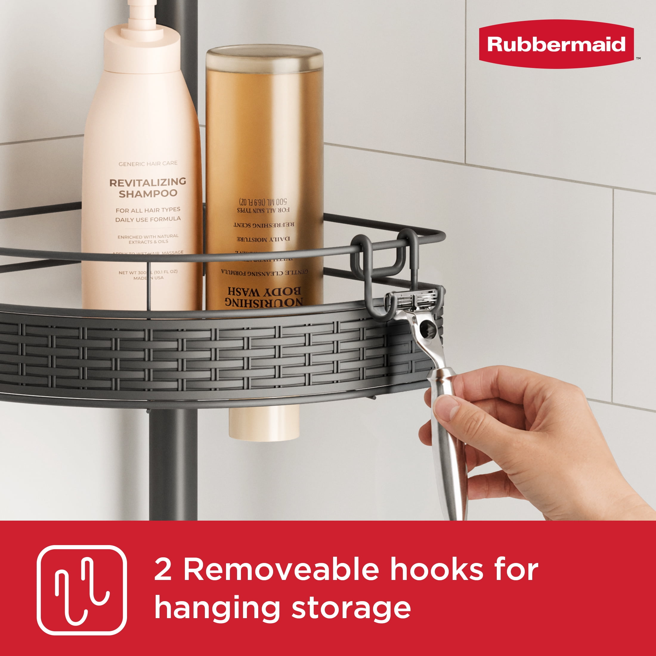 Rubbermaid 3-Tier Steel Tension Pole Mount Shower Caddy with Soap Tray, Black