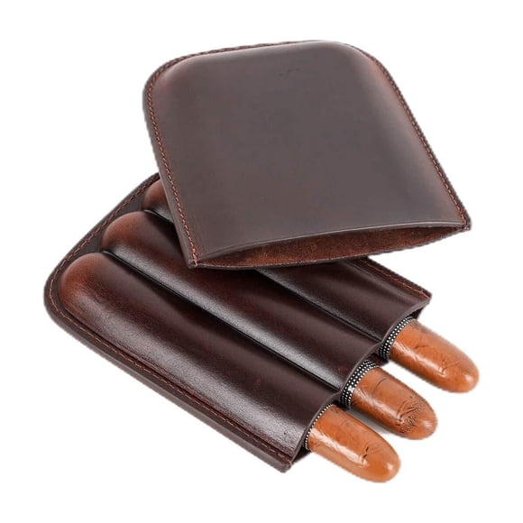 Hiram Genuine Leather Cigar Case Travel, Vintage Cigar Holder Case Portable Travel Humidor for 3 Cigars, Red Brown