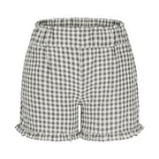 Lovzfmll Shorts for Women, Comfy Gingham Plaid Beach Bottoms with Pockets, Casual Ruffle Hem Lounge Sleep Shorts for Summer Gray S