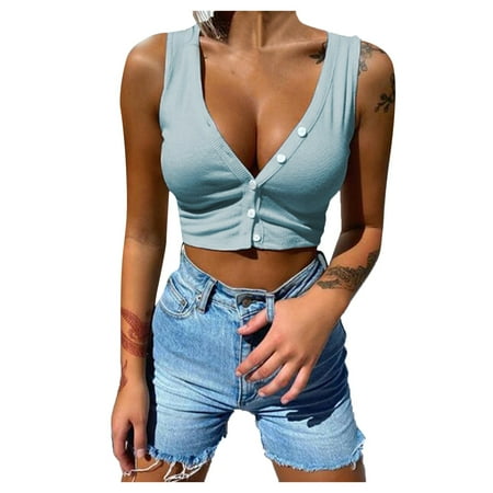 

CYMMPU Women Clothing Women s Cropped Tank Sexy Bustier Sleeveless Streetwear Cami Vest Slim Fit Crop Tops Summer Shirts Round Neck Tank Blue