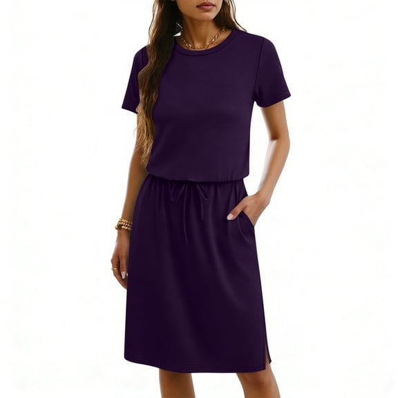 TaTaai Women's Round Neck Drawstring Waist Midi Dress Solid Color Casual Short Sleeve Dress Lightweight Stretchy Polyester Blend Gift
