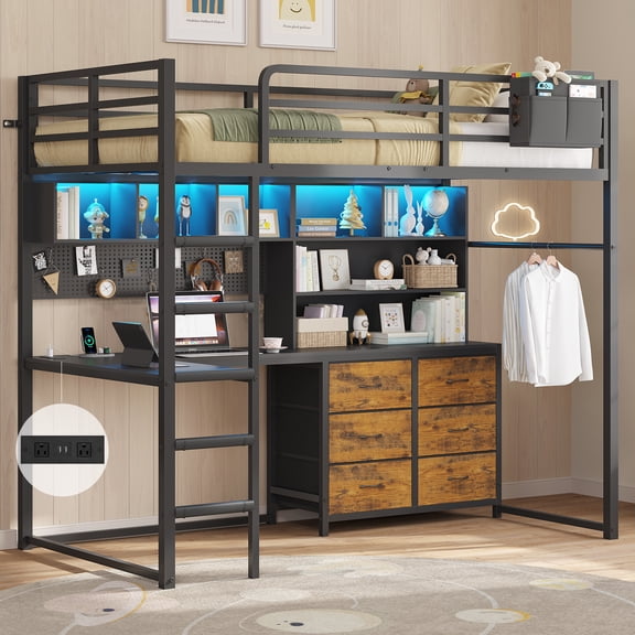 Twin Loft Bed with L-Shaped Desk and 6 Storage Drawers and LED Lights, Metal Loft Beds with Charging Station, Bookcase Storage, 2 Shelves, Clothing Rack and Ladder for Teen, Black