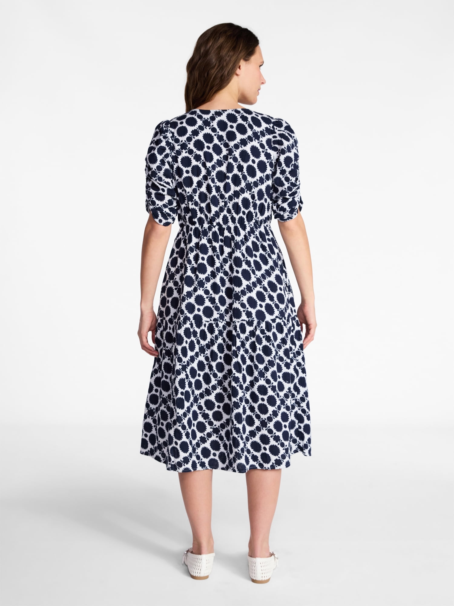 Time and Tru Women's Cotton Tiered Midi Dress with Elbow Length Sleeves, Sizes XS-XXXL