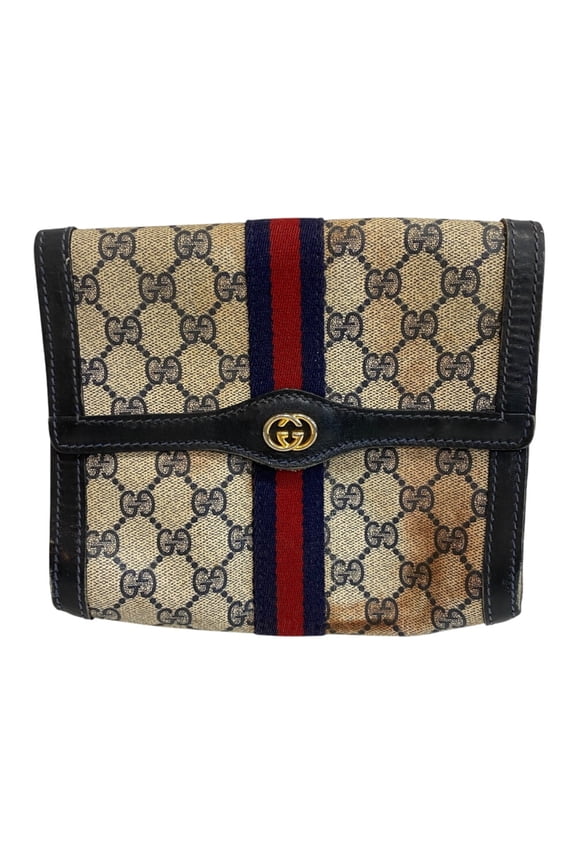 Pre-Owned GUCCI Old Gucci Vanity Cosmetic Pouch Second Bag GG Pattern Sherry Line Clutch Black