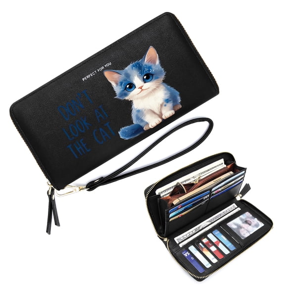 GEEAD Long Zippered Purse Wallet for Women Secure Wallet for Women Humorous text Whimsical style Cute kitten Travel Accessory Card Holder Large Capacity Zip Around