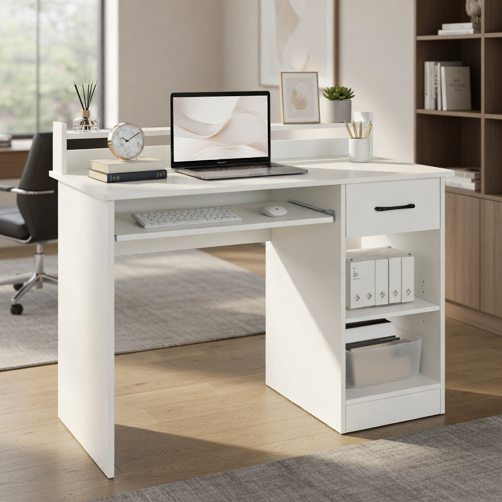 Topcobe Study Laptop Table with Drawer and Keyboard Tray, Desks for Bedrooms, Ideal for Working and Studying, White