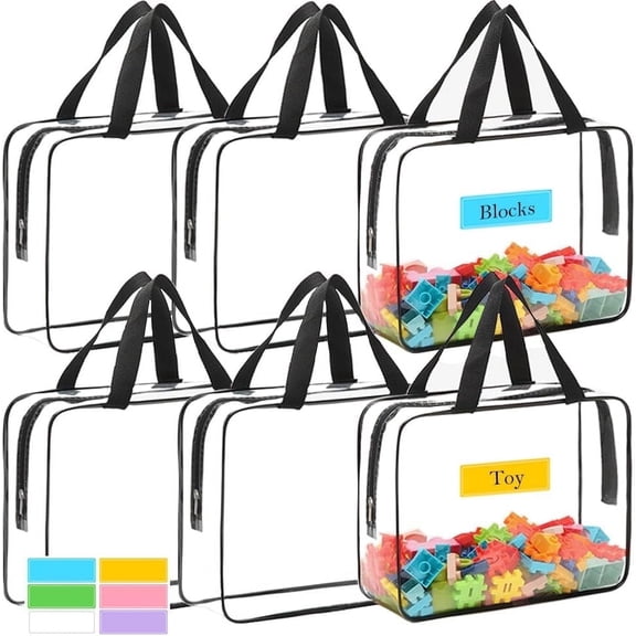 6 Pack Toy Storage Bags with Labels, 11.8″ × 3.9″ × 8.6″ Clear Puzzle Storage for Building Blocks Cosmetics