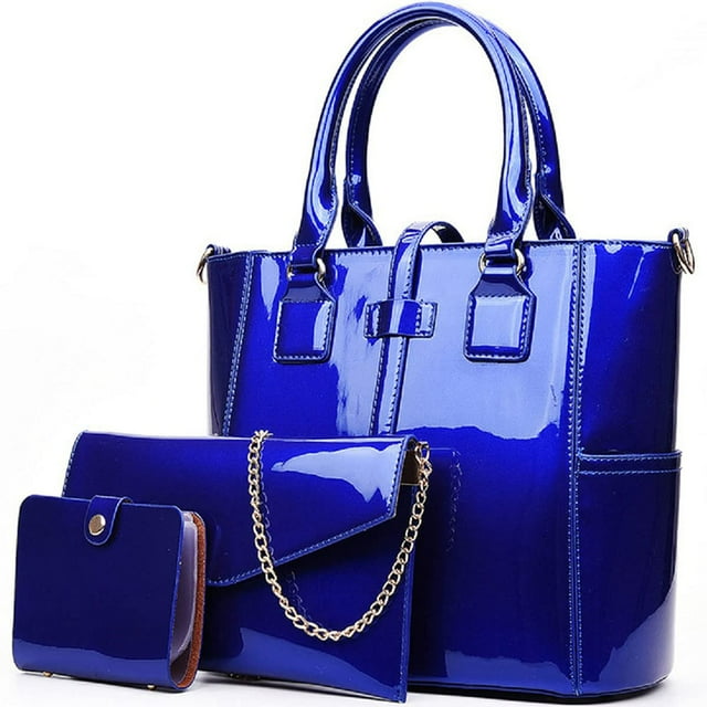 Bolso de mano de mujer de 3 piezas + bolso de hombro + bolso para tarjetas, piel sintética brillante con asa superior, bolso bandolera, bolso de hombro, monederos