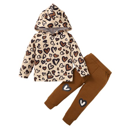 

Toddler Baby Girls Clothes Baby Girls Outfits Heart Print Long Sleeve Hooded Top Pants 2PCS Fall Winter Outfits Khaki 18-24 Months