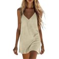 thumbnail image 2 of Bbyeadc Linen Dresses for Women Summer Cami Lounge Slip Sundress Sleeveless V Neck House Casual Mini Dresses,Beige (M), 2 of 7