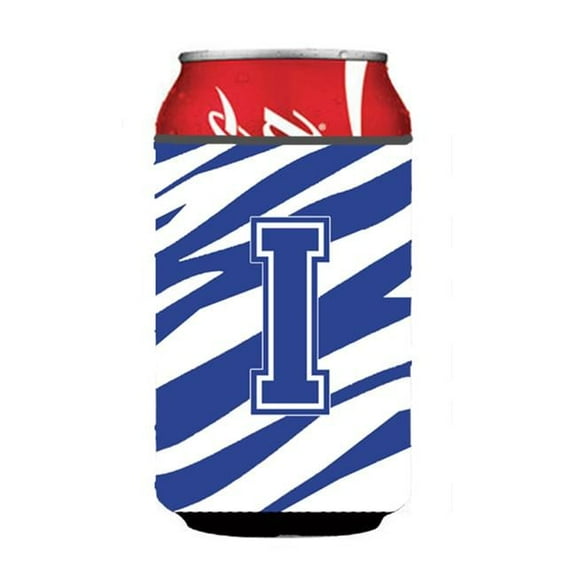 Letter I Initial Monogram - Tiger Stripe Blue And White Can Or Bottle Hugger