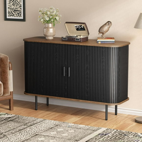 Vabches Sideboard Buffet Cabinet 47" Storage Cabinet with 2 Sliding Tambour Doors & Adjustable Shelves, Console Table for Kitchen Office Bedroom Hallway Entryway, Black