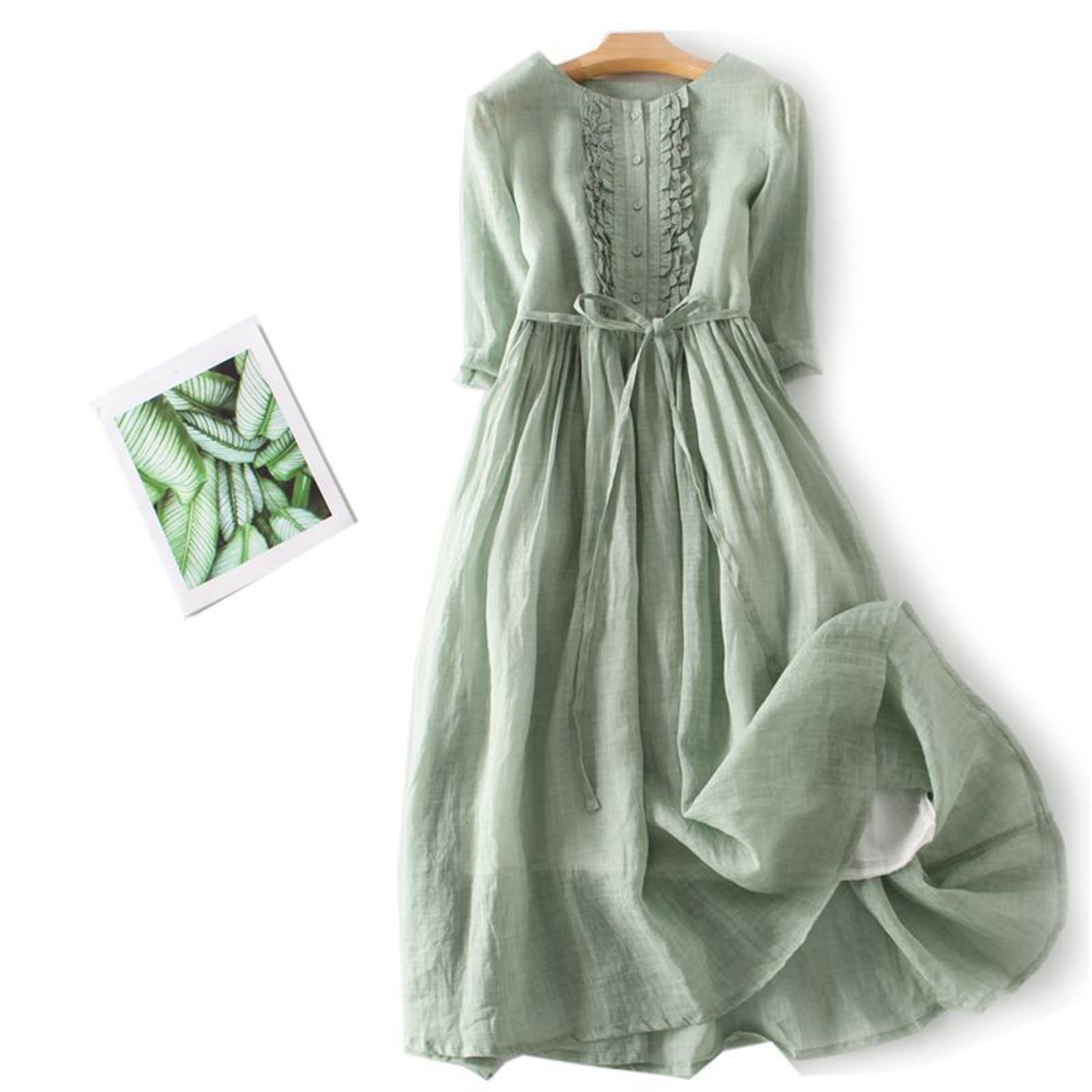 Cotton Linen Sundress for Women Solid Color 3/4 Sleeve Button Maxi Dress Tunic Bow Tie Front Layered Flowy Dresses