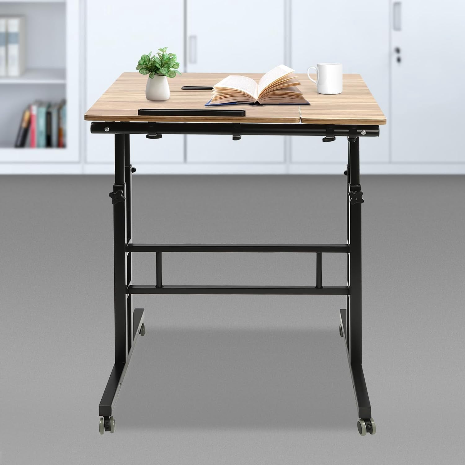 Mobile Stand Up Desk Adjustable Laptop Desk with Wheels Storage Rolling Table Cart for Standing or Sitting, for Home Office Workstation, Iron-Brown, 28.5-49.5in