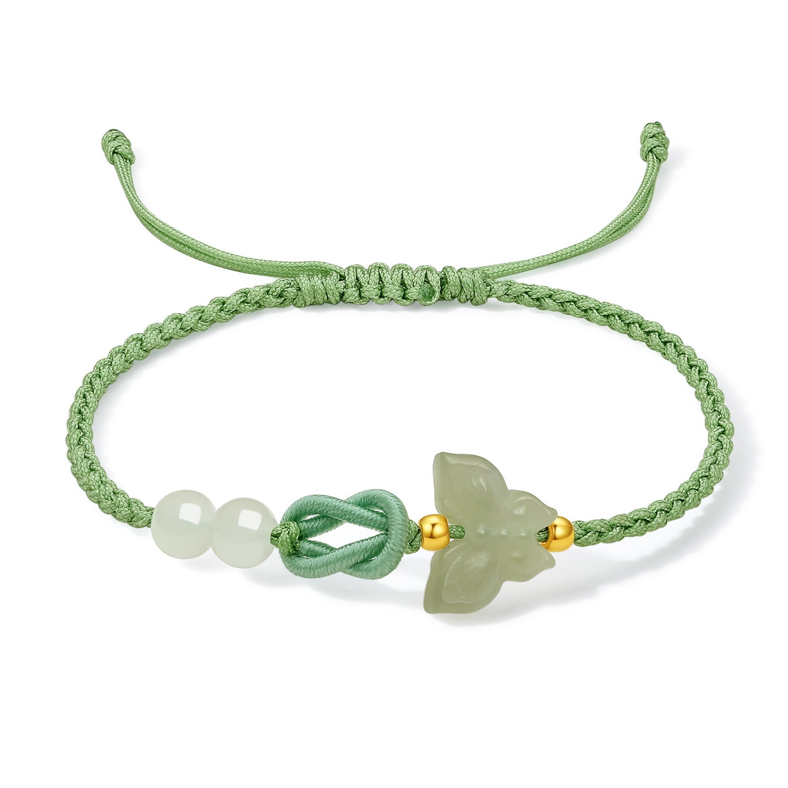 ZHOU LIU FU 24K Pure Gold Bead Green Braided Bracelet Green Jade Beads Butterfly Charm Dainty Jewelry for Women Wife Mom