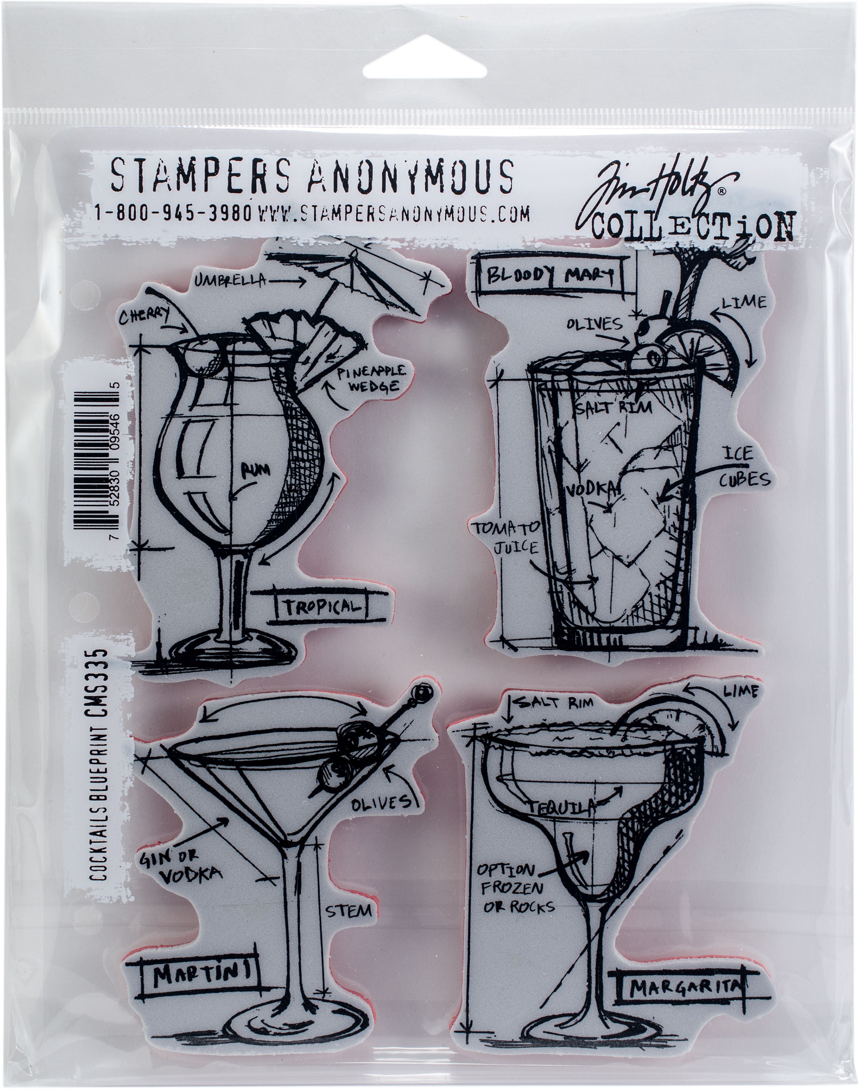 Tim Holtz Cling Stamps 7"X8.5"Cocktails Blueprint