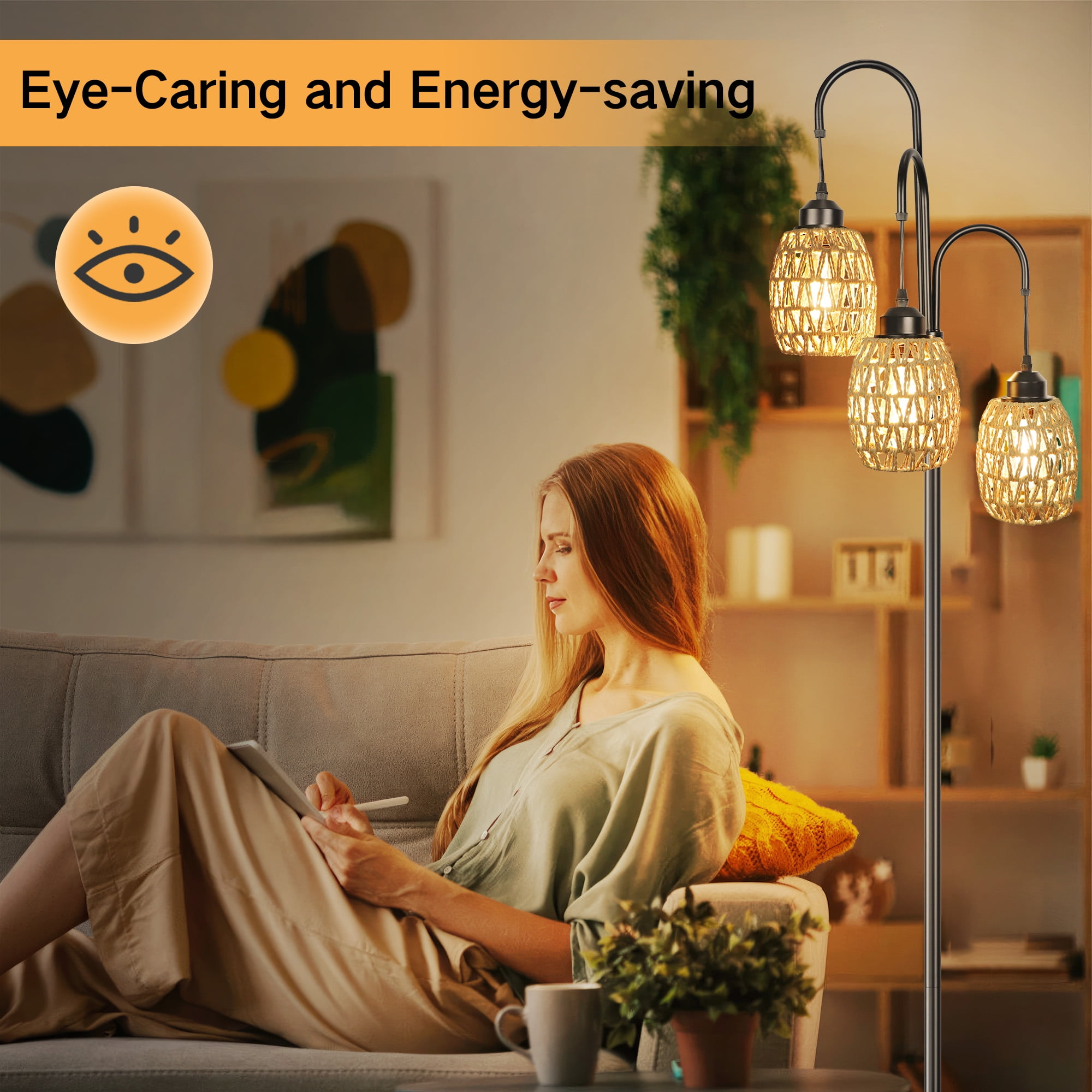 OUTON 69'' Tree Floor Lamp for Living Room Clearance, 3 Light Dimmable Tall Standing Lamp with Rattan Lampshade, Farmhouse Floor Lamp with 3 LED Bulbs for Bedroom Office, Boho