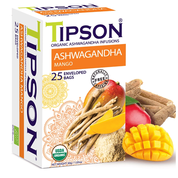Tipson Organic Ashwagandha Tea Infusions - Mango - 25 Premium Tea Bags - Caffeine Free - Non GMO - Gluten free