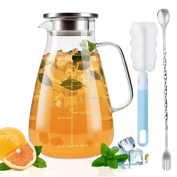 ALLJOY Glass Pitcher,68oz Glass Water Pitcher with Lid Handle Spout,2L Glass Jug Carafe Infuser Iced Tea Beverage Pitcher for Fridge,CLear