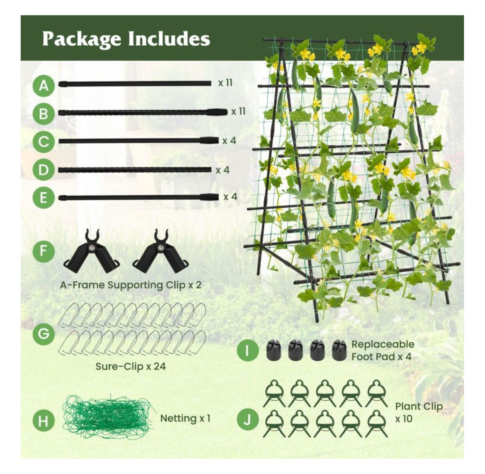 Cucumber Trellis A-Frame, Garden Plant Support with Netting - Climbing Plants, Vegetables & Flowers - Outdoor Durable Metal Trellis
