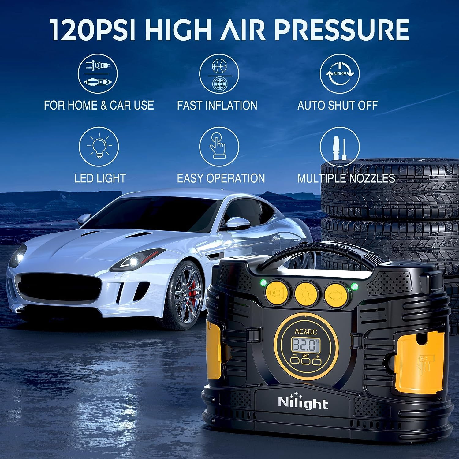 Nilight Tire Inflator Portable Air Compressor Dual Power for Car 12V DC and Home 110V AC Tire Pump w/Tire Pressure Gauge Fast Inflate Auto Shut off Pump for Car SUV Motorcycle Bicycle