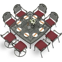 VIVIJASON 9-Piece Outdoor Dining Set, Cast Aluminum Patio Table & Chair Furniture Set for 8, Include Large 64" Square Dining Table, 2 Swivel Rocker Chairs, 6 Stationary Chairs, Umbrella Hole, Red