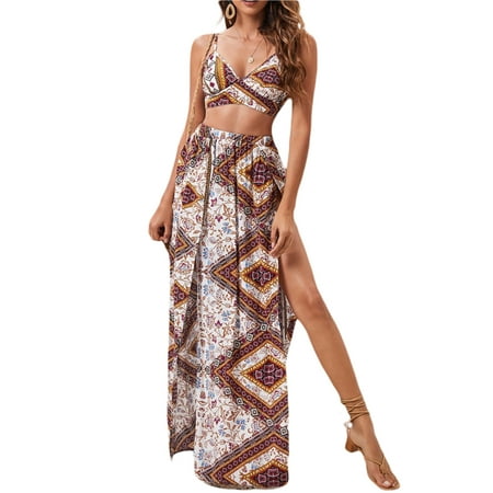 

One opening Ladies Sexy Clothes Suit Printing Sleeveless Camisole Split Skirt