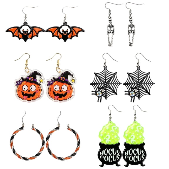 Miguan 6 Pairs Halloween Dangle Earrings for Women, Bat Skeleton Pumpkin Spider Web Witch Cauldron Hoop Earrings, Halloween Costume Party Gifts