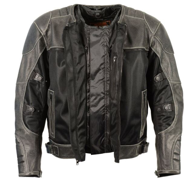 Men's Distressed Grey Leather & Mesh Racer Jacket w/ Removable Rain Jacket Liner 