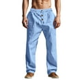 thumbnail image 2 of hotojiny Mens Linen Pants Elastic Waist Drawstring Fall Pants Solid Lightweight Straight Leg Loose Fit Yoga Trousers with Button, 2 of 6