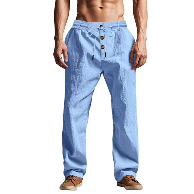 FcBaudy Full Length Pants Man Solid Color Beach Button Style Loose -friendly Ventilate Linen Trousers Man Trousers