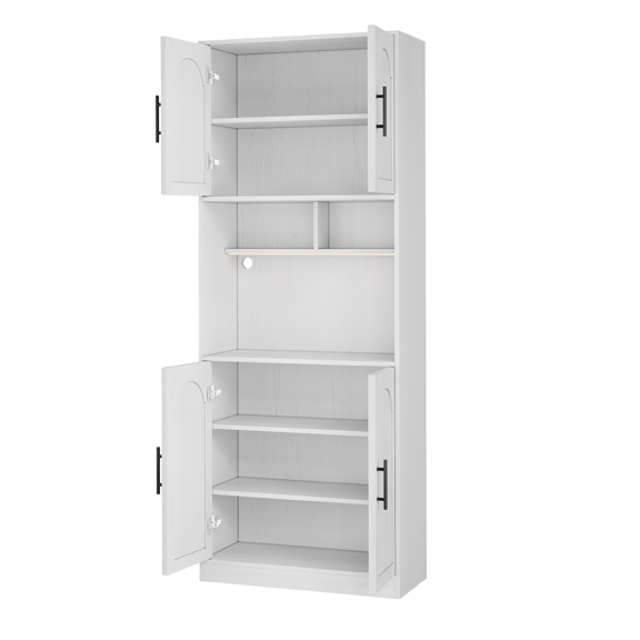 71" Farmhouse Pantry Cabinet with LED Lights, Kitchen Storage Cabinet with Adjustable Shelves & Microwave Stand, Freestanding Cupboard Hutch for Dining Room, Living Room, Bathroom