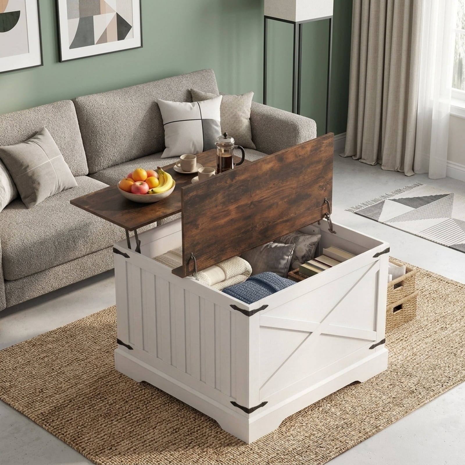 Furnibear Farmhouse Lift Top Coffee Table with Hidden Storage Compartment Hydraulic Lifter and Enlarged Base for Living Room, Rustic Brown