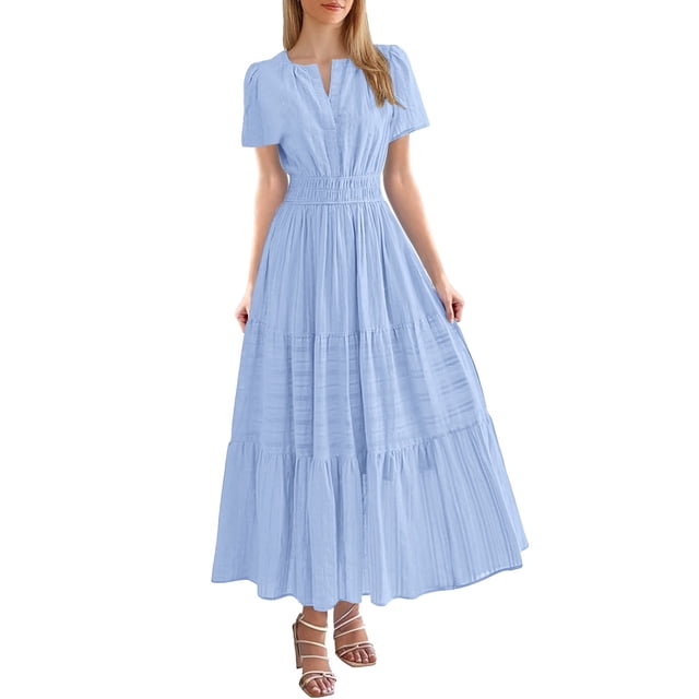 Vestido midi maxi informal de verano para mujer: vestido boho de playa con mangas cortas, cuello en V, cintura elástica y bolsillos - S-XXL