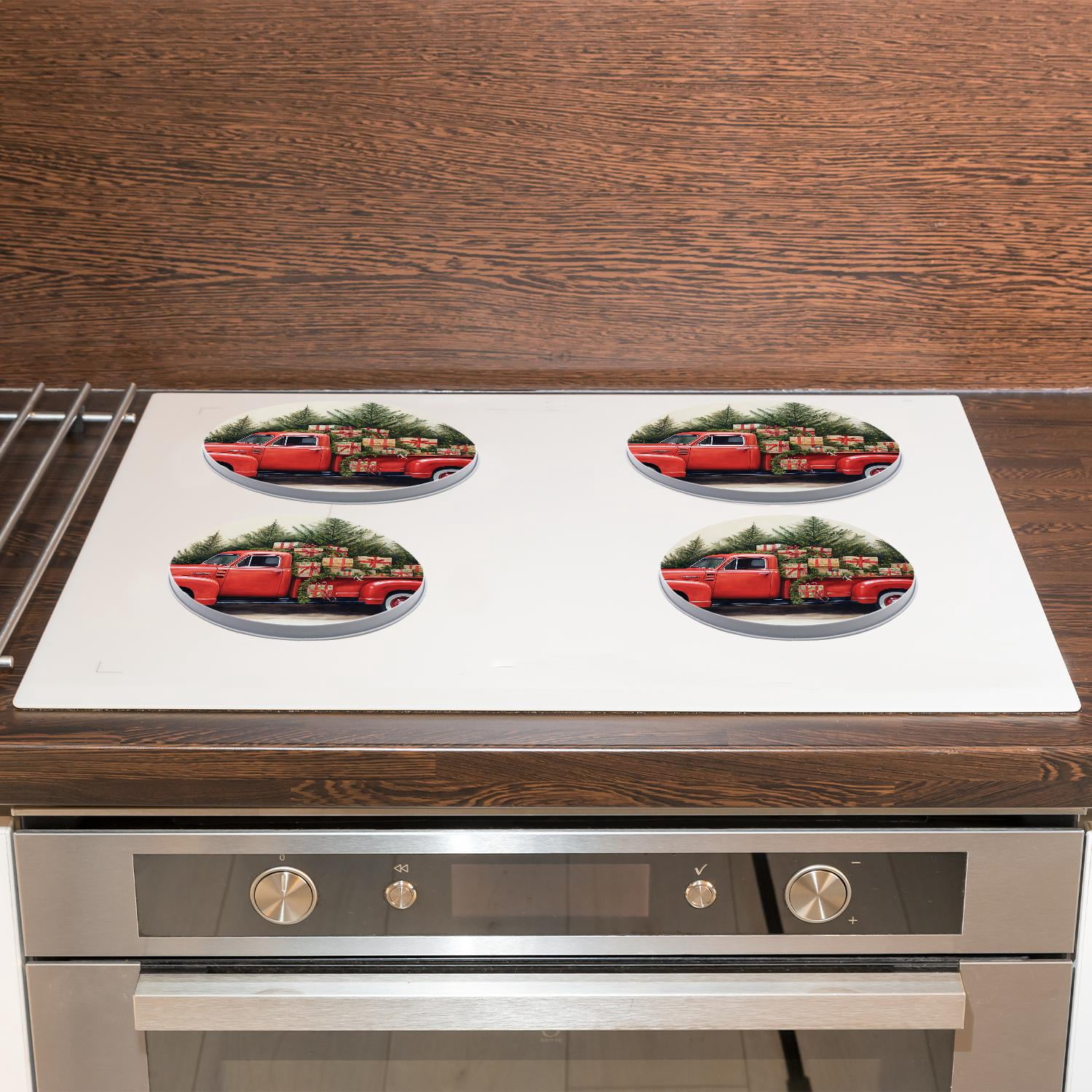 Decorative Stove Burner Covers 4 Pcs Metal Round Stove Burner Covers 8Inch And 10Inch for Home Decor Cooktop Decorative ,Blue Wooden Christmas Truck Poinsettia colorful pattern