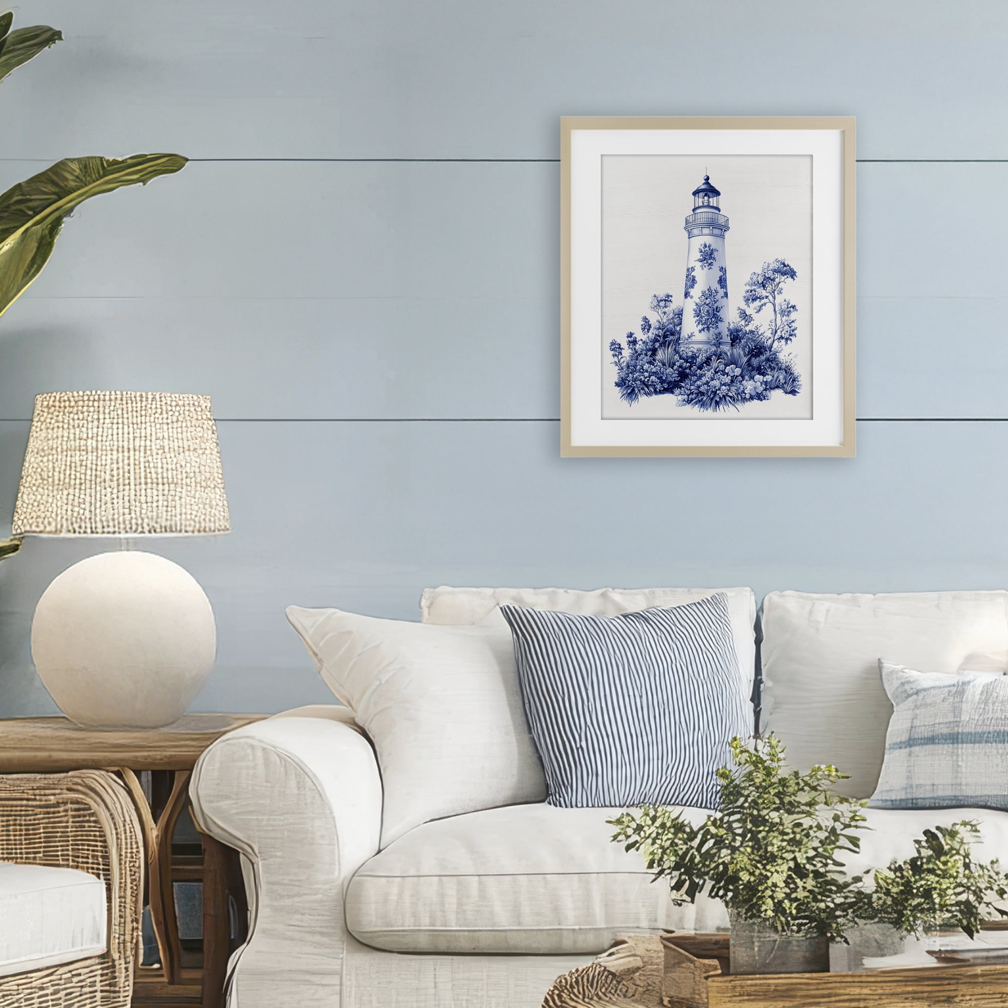 Toile Patterned Lighthouse Birch Framed Print Under Glass, design by Lettered and Lined