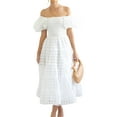 thumbnail image 1 of ZAXARRA Femmes Été Décontracté une Ligne Robe Courte Puff Manches sur l'Épaule Midi Plaid Robe, 1 of 8