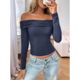 thumbnail image 5 of Womens Long Sleeve Off Shoulder Shirts Tight Fitted Y2K Ruched Tee Tops Blouses 2025 Trendy Outfits Navy Blue L, 5 of 7