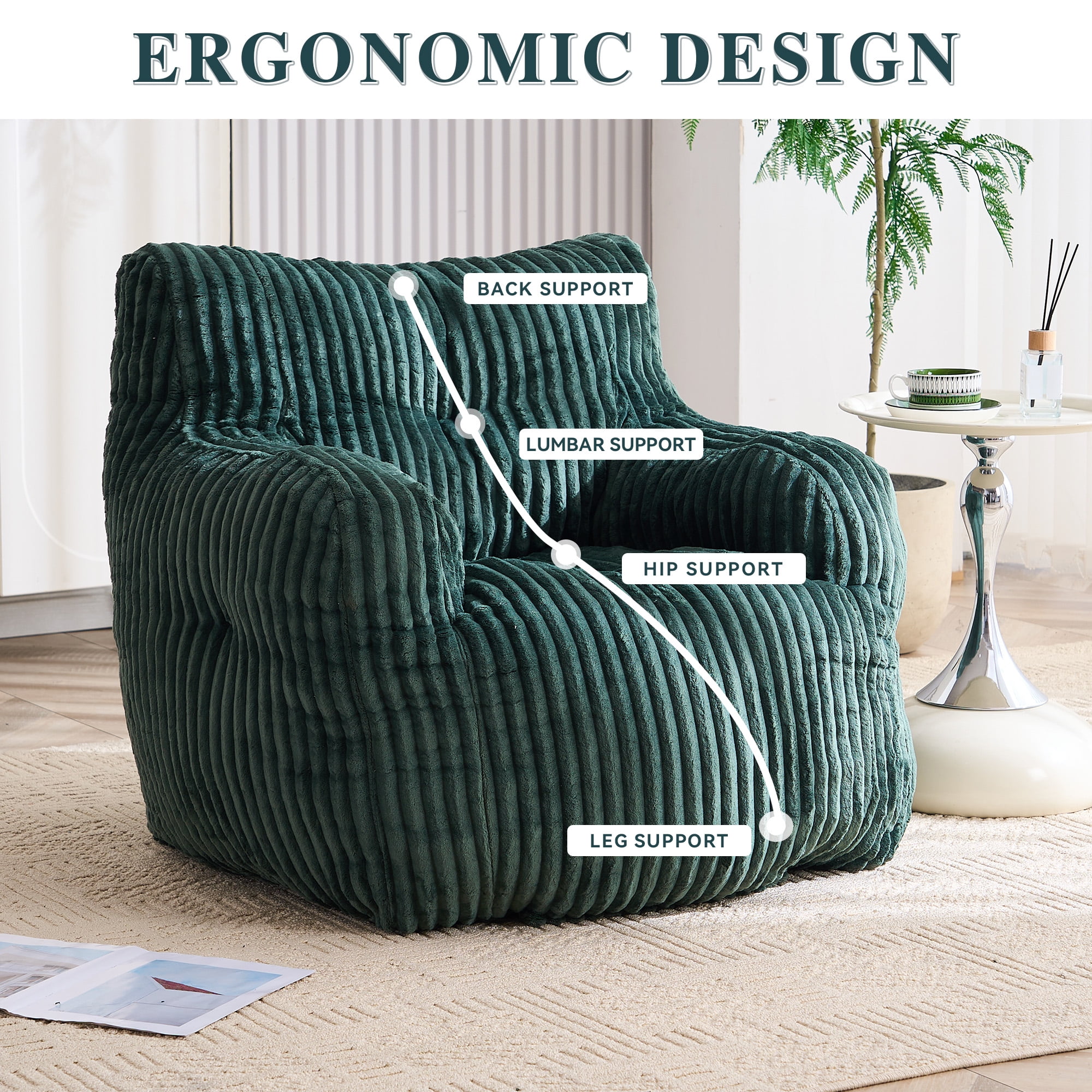 Bean Bag Chair with Filling BeanBag for Adults with Armrest Comfy Corduroy Fabric Lounge Lazy Floor Chair with Memory Foam Filler Fluffy Bean Bag for Dorm Living Room Bedroom Green